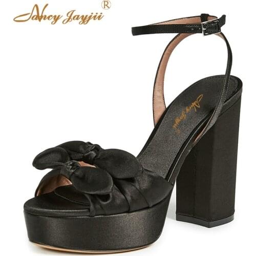 Women Sandals Ladies shoes Satin Black solid Platform Butterfly-knot Super High Square heels Sweet Party Leisure Fashion 2019