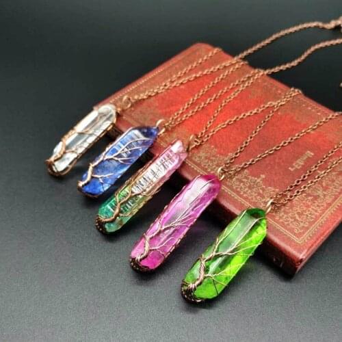 Vintage Rainbow 7 Chakra Natural Stone Necklace for Women Men Handmade Tree of Life Copper Wire Wrap Pendant Necklaces Jewlery