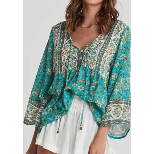 Green floral summer top tassel tie blouse women buttons cotton women tops bohemian gypsy laidies tops holiday party wear