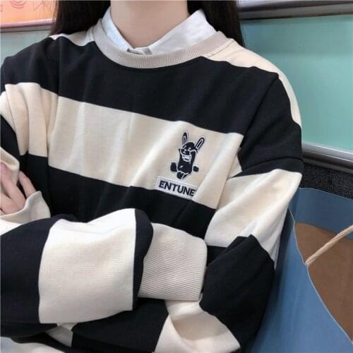 New Autumn Hoodie Women Vintage Striped Pullover Loose Round Neck Hoodie Cartoon Rabbit Embroidery Hoodie Casual Man Hoodie