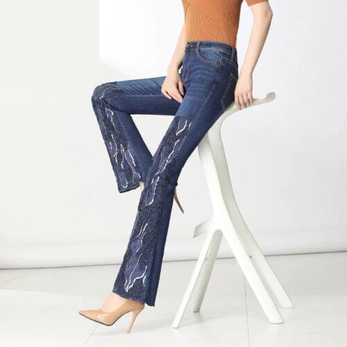 FERZIGER New Luxury Sequin Embroidered Jeans Women Plus Size Skinny Stretch High Waist Pants Blue Casual Trousers Slim Fit Pants