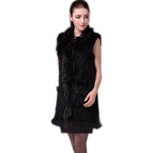 Harppihop Fur vest Women knitted real genuine real rabbit fur vest overcoat pocket garment & raccoon collar without hood