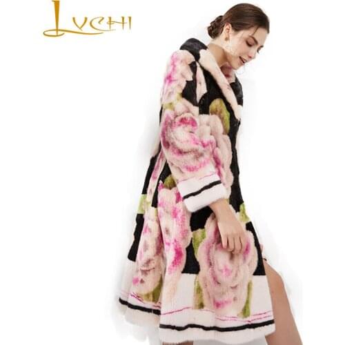 LVCHI Winter2017 Imported Crown Swan Velvet Mink Coat Womens Floral O-Neck Natural Fur Coat Pink Flower Slim Mink Fur Coats