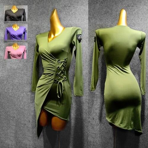 New Latin Dance Dress Adults Salsa Rumba Cha Cha Samba Dancewear Women Green Long Sleeved Irregular Strap Practice Dress DN4513