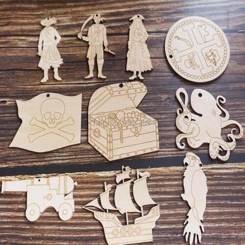 10 Wooden Pirate Craft Shapes Plywood MixA Ship Figures Octopuss Cannon Coin