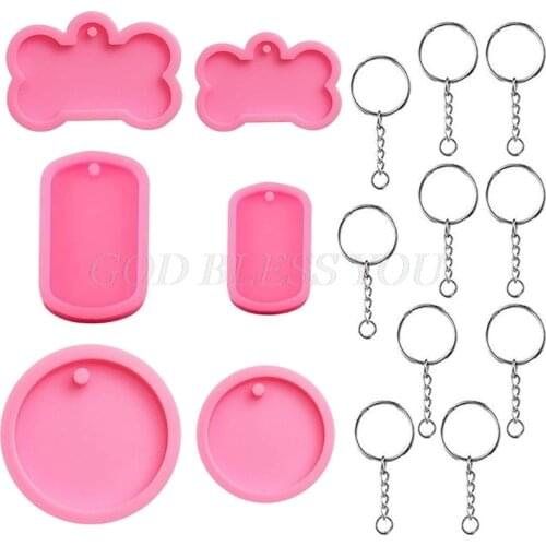 6Pcs Dog Bone Shaped Silicone Mold Set DIY Round Keychain Epoxy Resin Mould Dog Tag Pendant Casting Mold with Keychain