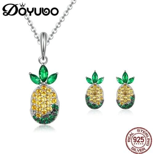 DOYUBO Korean Design Solid Silver Pineapple Charms Earrings & Necklaces Jewelry Sets Girl Friend Gift Women CZ Jewelry AB008
