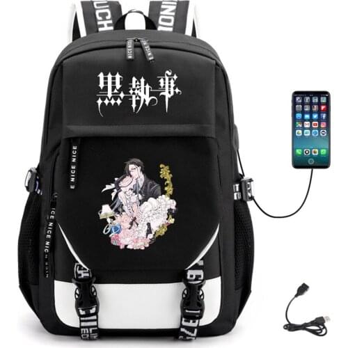Anime Black Butler USB Backpack Fabric Canvas Casual Student Unisex Teenger Packsack Schoolbag High Quality Laptop Bag