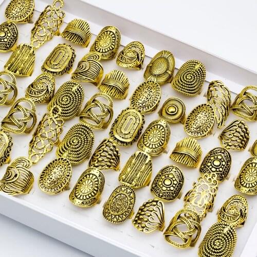 20 Pcs/Lot Gold Color Mix Style Vintage Carved Flower Rings For Women Wholesale Party Jewelry Gift