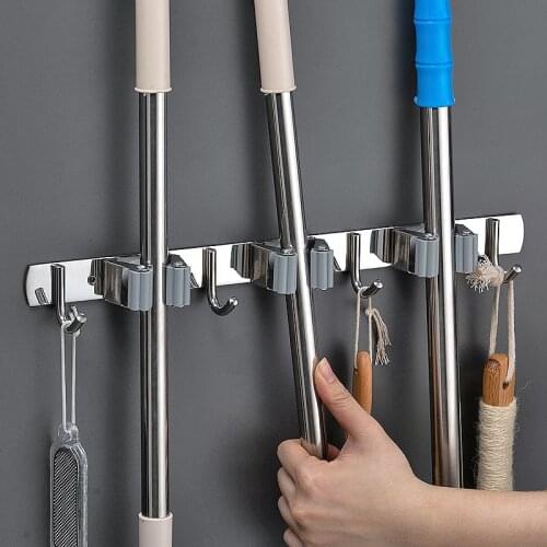 Broom Holder Heavy Duty Practical Clip Mop Organizer Wall Mount Hook Stainless Steel Storage Space Saving Hanger Multifunctional