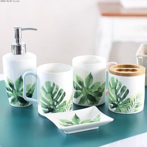 Bathroom Accessories Green Plants Bathroom Cup Toothbrush Holder Soap Dispenser Soap Box Toothpaste Dispenser Five-piece Set