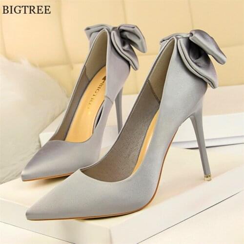 Solid Silk Sweet Butterfly-knot Women Shoes 2019 New Arrival Pointed Toe High Heels Shoes Shallow Womens Fashion Wedding Shoes