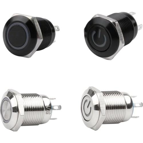 12mm Waterproof Oxidized Black Metal Button Switch with LED Lamp Momentary Latching PC Power Switch 3V 5V 6V 12V 24V 220V