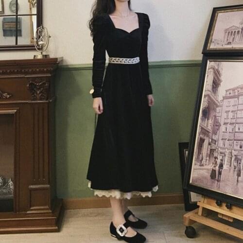 Winter Femme Robe Long Sleeve Party Elegant Dresses For Women Velvet Lace Prom Evening 2021New Hit Black Clothes Vintage Robe
