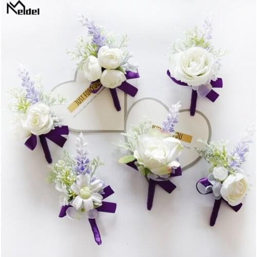 Rose Lavender Man Wedding Boutonniere Purple Ribbon Wrist Corsage Bridesmaid Bracelet Flowers Witness Buttonhole Suit Accessorie