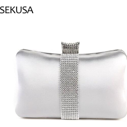 Satin Women Evening Bags Diamonds Silver Color Day Clutch Diamonds Chain Shoulder Handbags Purse Bags