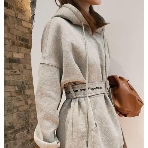Hoodie Belt Sweater Womens Autumn Clothing 2020 New Trend Fashion Korean Loose and Thin Waist Hooded Top