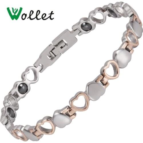 Wollet Jewelry Heart Design 99.999% Germanium Hematite Negative Ion Health Bracelet Bangle for Women Magnetic Stainless Steel