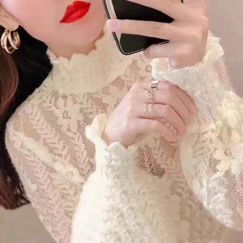 Women Blouse Womens Lace Autumn Winter Turtleneck Sweater Lantern Sleeve Mesh Top Blusas Ropa De Mujer