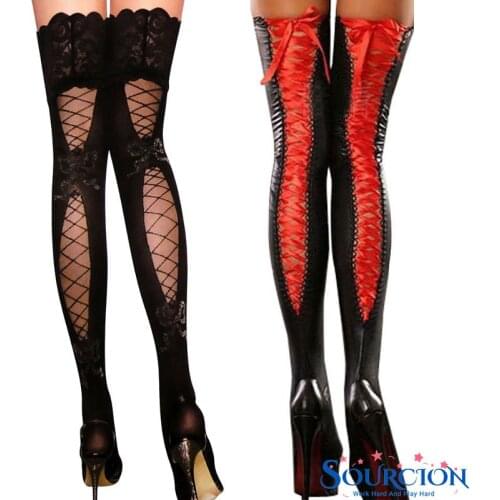 Sourcion Women Stockings Sexy Lace Top Sheer Thigh High Silk Stockings Nylon Fishnet Mesh Pantyhose Stocks Adult Sexy Costume