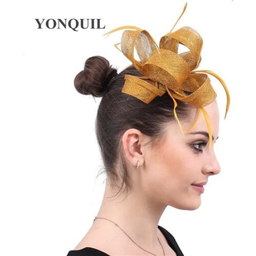 Gold Hoops Headwear Sinamay Weddiing Hair Accessories Wedding Wonen Hair Fascinators Headband With Fancy Feathers Fedora Cap