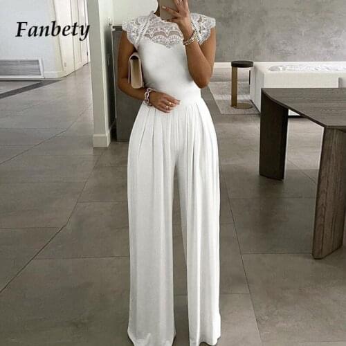 Sexy O Neck Lace Patchwork Jumpsuit Women 2021 Summer Sleeveless Elegant Office Lady Romper Spring Wide Leg Pants Beach Overalls