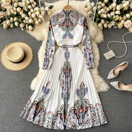 Vintage Print Womens Spring Dresses Stylish Long Sleeve Turn-down Collar Slimming Waist Pleated Dress 2021 Casual Vestidos