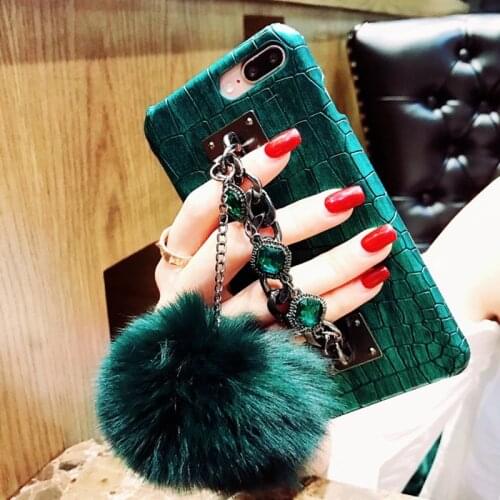 For iPhone X XR XS MAX Crocodile Skin Diamond Gem Bracelet Chain Tassel Fox Fur Ball Hard Cover For iPhone 12 11 6 7 8 Plus Case