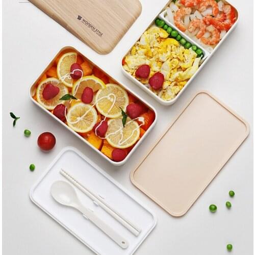 Wooden Style Lunch Box Double-layer Separated Bento Box Portable Microwave Lunch Box For Office Worker Children Food Box