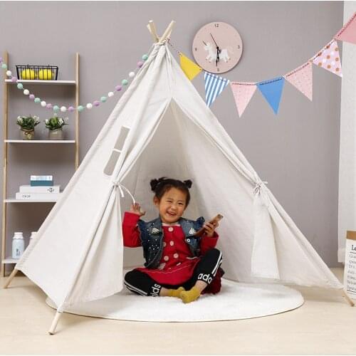 Kids Foldable Play Tent for Indoor Outdoor, Raw White Canvas Teepee - Kids Playhouse - Portable Kids Tent