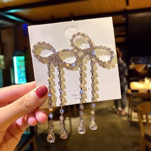 Exknl New Fashion Long Earrings Women Bow Tassel Earings Crystal Bow Tassel Earrings Female Long Temperament Butterfly Earrings