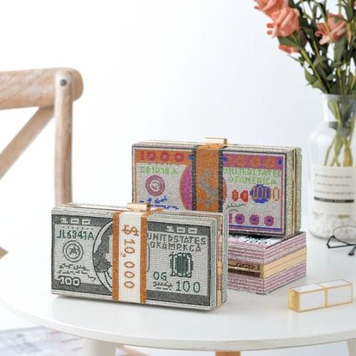 Money Clutch Rhinestone Purse 10000 Dollars Stack of Cash Evening Handbags Shoulder Wedding Dinner Bag 8 Color