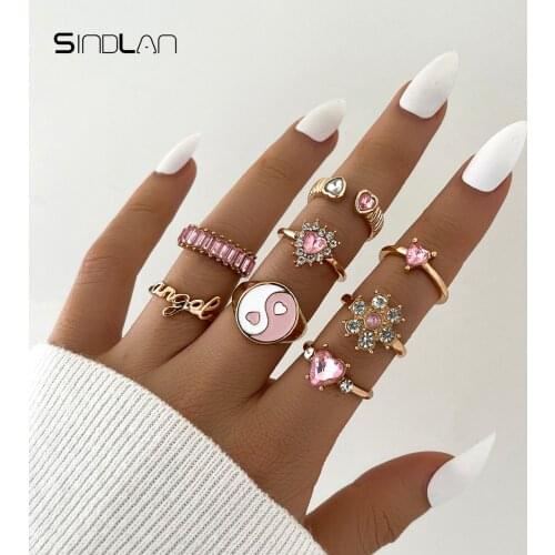 Sindlan Kpop Tai Chi Crystal Gold Heart Rings for Women Punk Letter Pink Set Cute Female Y2k Korean Fashion Jewelry Anillos Anel