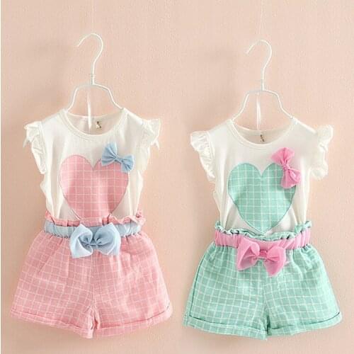 Baby Children Clothes Sets for Girls Fly Sleeve Flower Cotton Shirt+Shorts Summer Set Sport Love Bowknot Clothes Suits