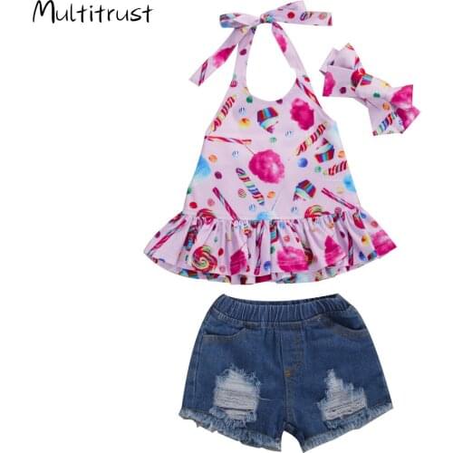 2020 Sweet 1-6Y Kids Girls 2pcs Rainbow/Lollipop Pinrt Sleeveless Halter Blouse Tops+Denim Shorts Toddler Baby Clothing Summer