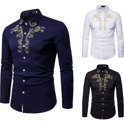 Mens Long Sleeve Button Front Shirt Tops Embroidery Stage Slim Fit Chic Size S-XXL