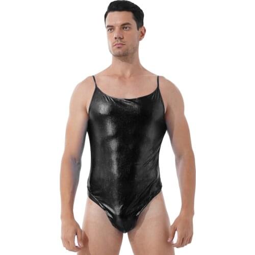 Mens Sexy Lingerie Patent Leather Bodysuit Wetlook Clubwear Shiny Metallic Spaghetti Strap Leotard Sissy Sexy Bodysuit Jumpsuit