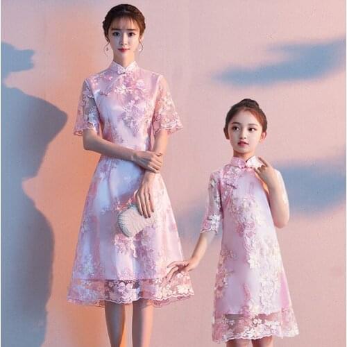 Chinese Style Dress Parent-child Qipao Cheongsam Short Sleeve Embroidery Mother Daughter Dresses Oriental Costume Family Clothes