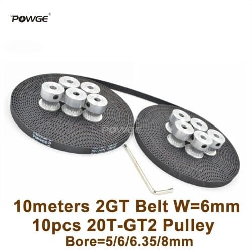 POWGE 10pcs 20 Teeth GT2 Timing Pulley Bore 5/6/6.35/8mm + 10M GT2 Timing Belt Width 6mm 20Teeth 20T 2GT Pulley 3D Printer Parts