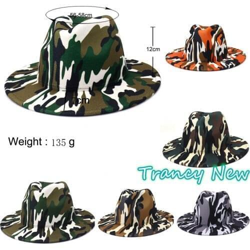 Wholesale Fedoras camo fedora hat men panama top cap unisex hat Military color fedoras large brim hat church hat party hat