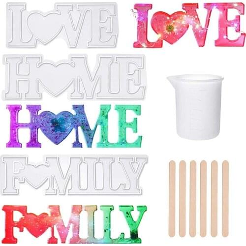 3D Love Home Family Alphabet Resin Silicone Mold,Wooden Stirring Rod,Volumetric Cup for DIY Craft,Table and Home Decor