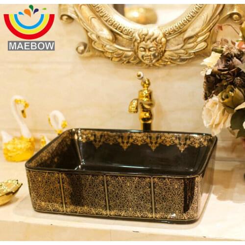 Modern Artistic Black Wash Basin Ceramic Rectangular Coutertop Bathroom Sink