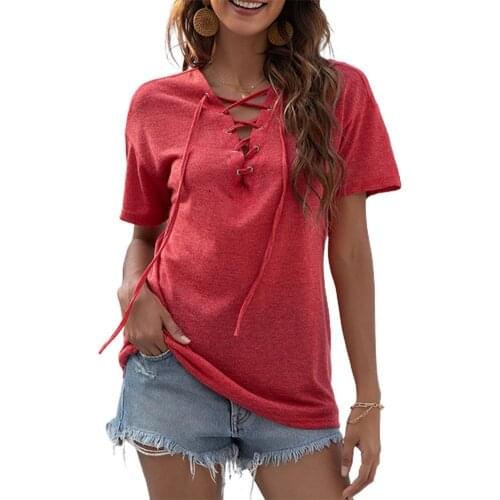 2021 Women T-shirt Fashion Casual Sexy Lace-up V Neck Solid Color Polyester Short Sleeve Tops T Shirt Summer Top Tees