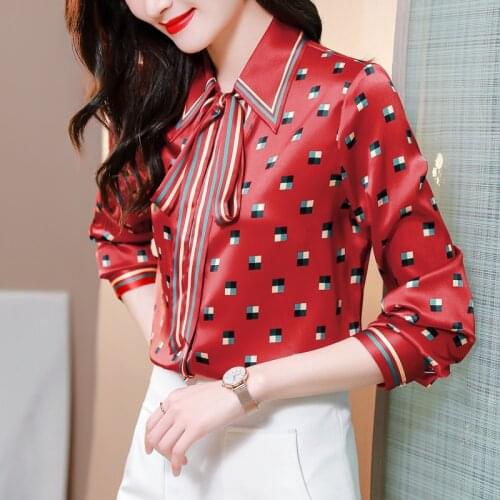 Women Clothing 2021 Spring Plaid Printed Blouses Plus Size Long Sleeve OL Blusa Elegant Casual Red Vintage Tops Tees 9232