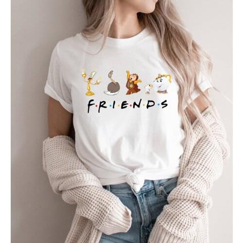 Beauty and Beast Friends Shirt Funny Cute Cartoon Graphic Friends Tees Women Kawaii Short Sleeve Summer Tops