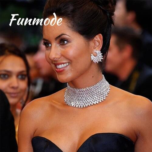 FUNMODE Super Luxury BIG Choker Cubic Zircon Jewelry Sets For Women Wedding Dubai White Color Bridal Jewelry Sets F001K
