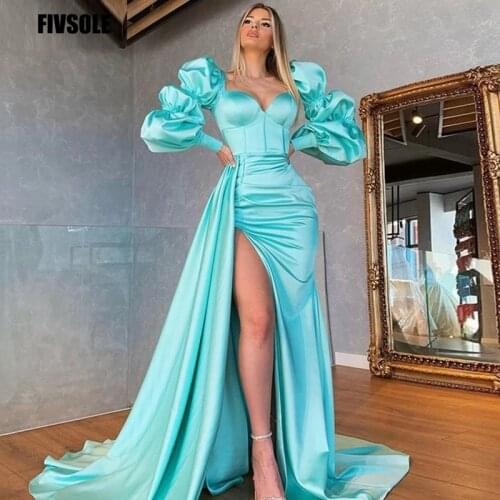 Fivsole Light Blue Satin Mermaid Evening Dress Formal Party Gowns Long Sleeves Saudi Arabic Silt Long Women 2021 Prom Dress