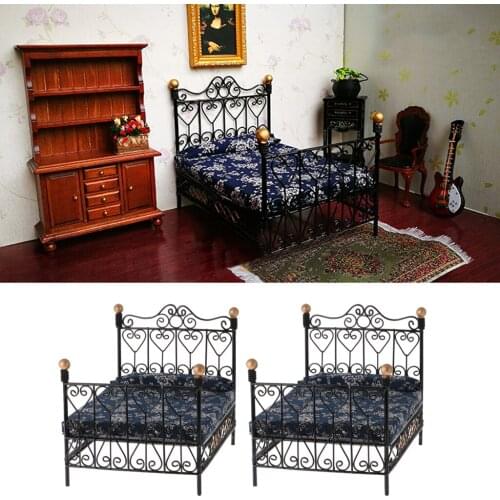 2Pcs 1:12 Metal Double Bed Dollhouse Miniature Furniture Bedroom