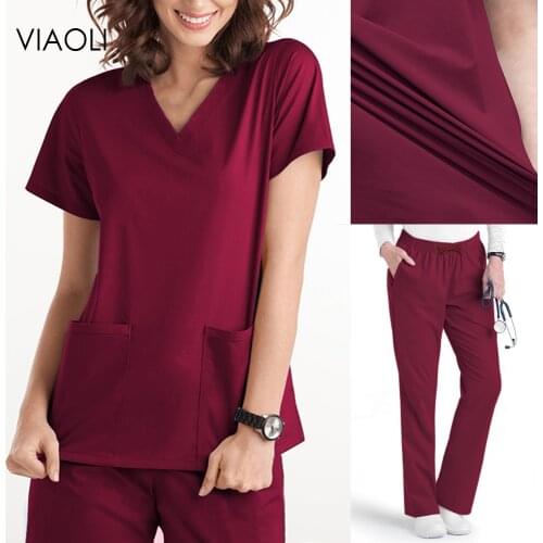 2021 Pet Clinic Blouse Solid Color Nurse Uniform Summer Workwear Tops Womens Short Sleeve V-Neck Pocket Care Workers Tops+pants