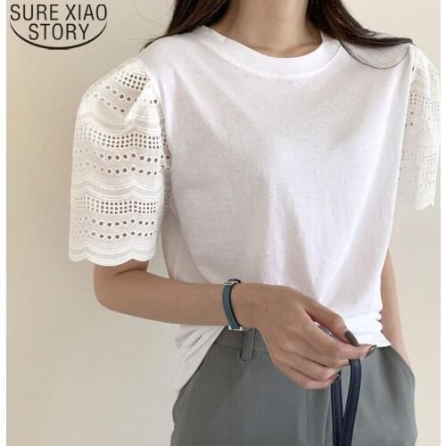 2021 Summer Loose Short-sleeved T-shirt Plus Size Loose Shirts for Women Tops Korean O-neck Lace Stitched Fashion Clothing 14161